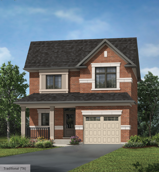 A two-story red brick house with a dark gray shingled roof stands proudly. This Sg Homes gem features large windows, a one-car garage, and a cozy front porch with white columns. Surrounded by greenery, trees, and a lush lawn under a clear blue sky, it's ideal for those seeking new homes in GTA.