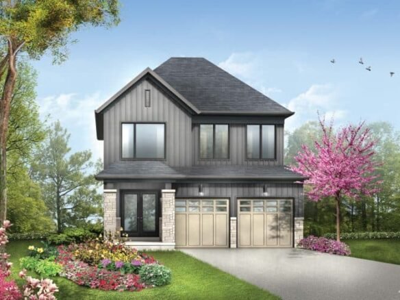 Illustration of a modern two-story house with a dark gray exterior, typical of new homes in GTA. It features two garage doors and large windows. The front yard boasts vibrant flowers, a pink blossoming tree, and lush greenery under a clear blue sky with birds in flight.