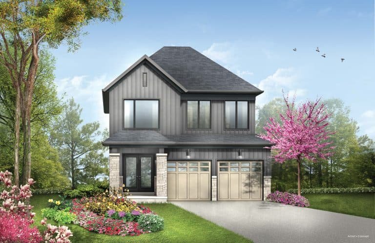 Illustration of a modern two-story house with a dark gray exterior, typical of new homes in GTA. It features two garage doors and large windows. The front yard boasts vibrant flowers, a pink blossoming tree, and lush greenery under a clear blue sky with birds in flight.