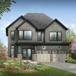 Discover this modern two-story pre-construction home with sleek gray and black siding, expansive windows, and a two-car garage. The front yard boasts vibrant flowers and shrubs, while trees envelop the property under a partly cloudy sky.