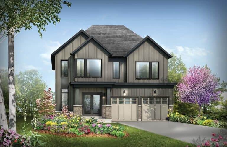 Discover this modern two-story pre-construction home with sleek gray and black siding, expansive windows, and a two-car garage. The front yard boasts vibrant flowers and shrubs, while trees envelop the property under a partly cloudy sky.