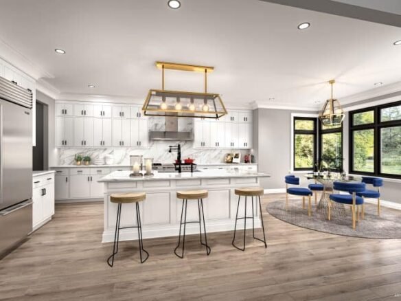 Modern kitchen with white cabinets, a marble backsplash, and a large island with three stools. Stainless steel appliances are on the left. A dining area with blue chairs and a round rug is in front of large windows on the right, embodying the elegance found in new condos by SG Homes. Two gold chandeliers hang above.