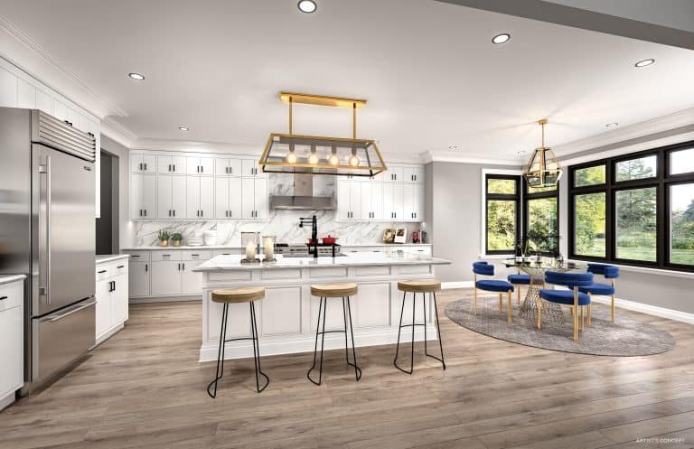 Modern kitchen with white cabinets, a marble backsplash, and a large island with three stools. Stainless steel appliances are on the left. A dining area with blue chairs and a round rug is in front of large windows on the right, embodying the elegance found in new condos by SG Homes. Two gold chandeliers hang above.
