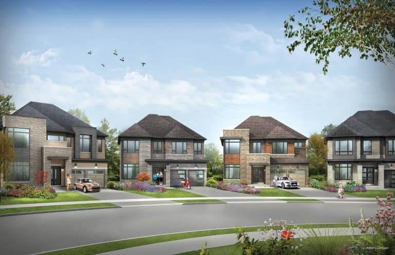 A row of modern two-story houses with brick exteriors and large windows line a suburban street, resembling new condos. Each house has a driveway with parked cars. The landscape is neatly maintained, with colorful flowers and green lawns. Birds soar in the clear blue sky above.