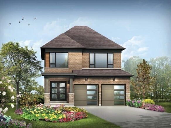 Illustration of a two-story brick house with a dark roof, characteristic of new homes in GTA. It boasts a double garage and large windows, while the front yard is vibrant with flowers and trees. Birds fly above in vivid skies, hinting at the beauty SG Homes offers even pre-construction.