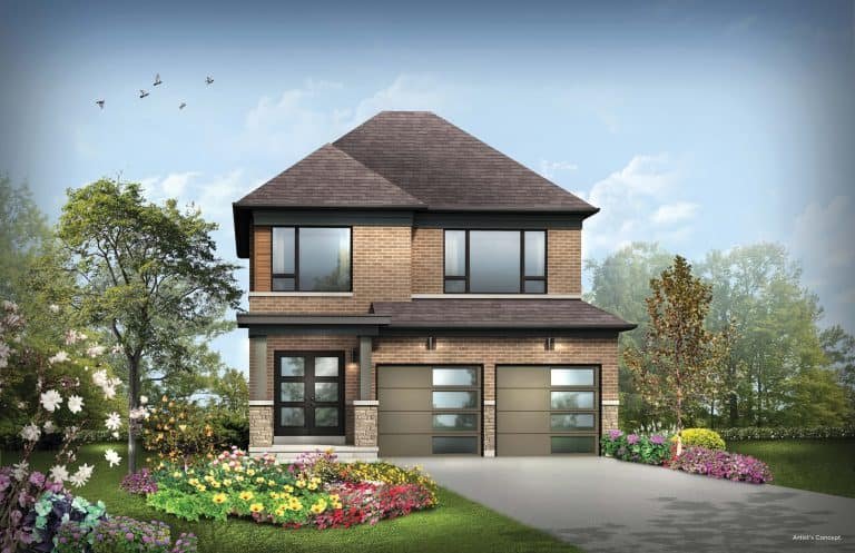 Illustration of a two-story brick house with a dark roof, characteristic of new homes in GTA. It boasts a double garage and large windows, while the front yard is vibrant with flowers and trees. Birds fly above in vivid skies, hinting at the beauty SG Homes offers even pre-construction.