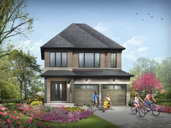 A modern two-story house with a dark roof and large windows, surrounded by vibrant landscaping. Nearby, reminiscent of new condos, two adults and two children ride bicycles on the driveway under a clear sky with a few birds flying.
