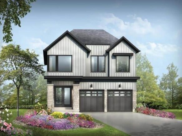 This modern two-story house by Sg Homes features a gray exterior, large windows, and a double garage. The surrounding landscape boasts a manicured garden with colorful flowers and trees, set under a partly cloudy sky—a perfect example of new homes in the GTA.