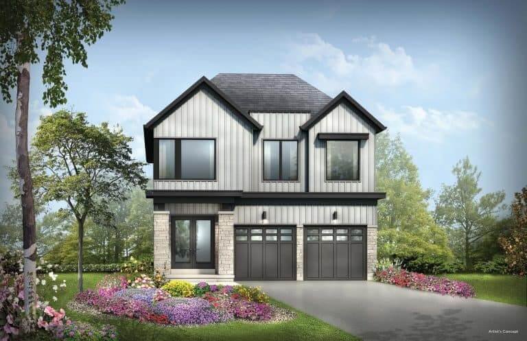 This modern two-story house by Sg Homes features a gray exterior, large windows, and a double garage. The surrounding landscape boasts a manicured garden with colorful flowers and trees, set under a partly cloudy sky—a perfect example of new homes in the GTA.
