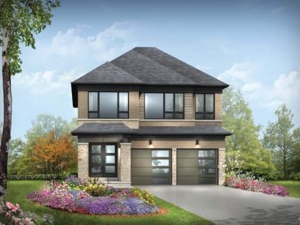 A modern two-story house by SG Homes with brick and dark paneling, featuring large windows and a two-car garage. The front yard is landscaped with colorful flowers and shrubs, set against a backdrop of trees and a blue sky—a perfect example of new homes in the GTA.