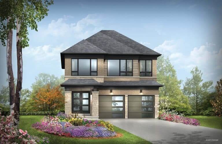 A modern two-story house by SG Homes with brick and dark paneling, featuring large windows and a two-car garage. The front yard is landscaped with colorful flowers and shrubs, set against a backdrop of trees and a blue sky—a perfect example of new homes in the GTA.