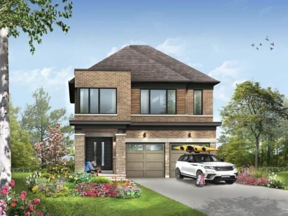 A modern two-story brick house with large windows is nestled among lush greenery and flowers. A white SUV with a kayak on its roof is parked in the driveway, hinting at adventure. Nearby, a child on a scooter plays while birds soar above—a scene that could belong to the charming SG Homes community.