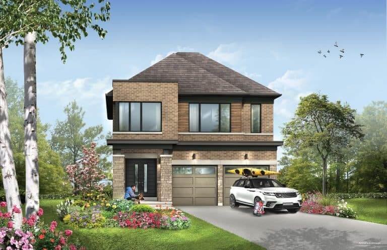 A modern two-story brick house with large windows is nestled among lush greenery and flowers. A white SUV with a kayak on its roof is parked in the driveway, hinting at adventure. Nearby, a child on a scooter plays while birds soar above—a scene that could belong to the charming SG Homes community.
