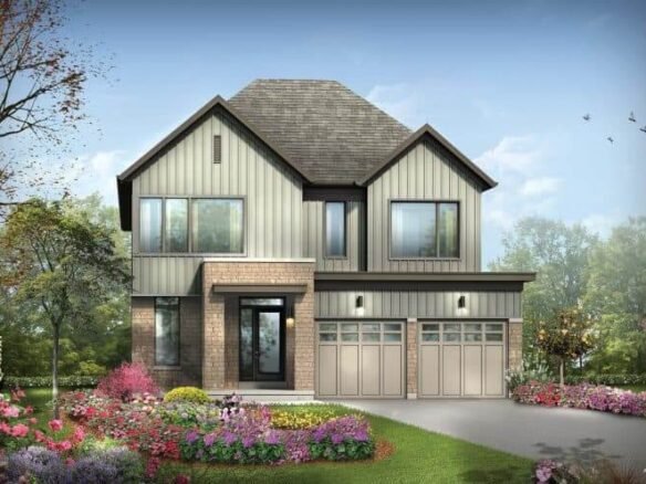 Illustration of a modern two-story house with a light gray facade, large windows, and a double garage, typical of new homes in GTA. The yard features colorful flowers, lush green grass, and surrounding trees under a clear blue sky. Birds are flying in the distance.