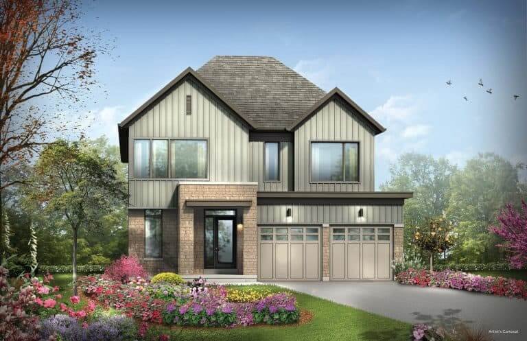 Illustration of a modern two-story house with a light gray facade, large windows, and a double garage, typical of new homes in GTA. The yard features colorful flowers, lush green grass, and surrounding trees under a clear blue sky. Birds are flying in the distance.