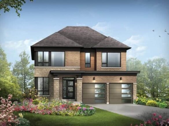A modern two-story house with mixed brick and siding exterior, large windows, and a two-car garage. Surrounded by a lush garden with various flowers and shrubs, it evokes the appeal of new homes in GTA, nestled against a backdrop of trees and a clear blue sky.