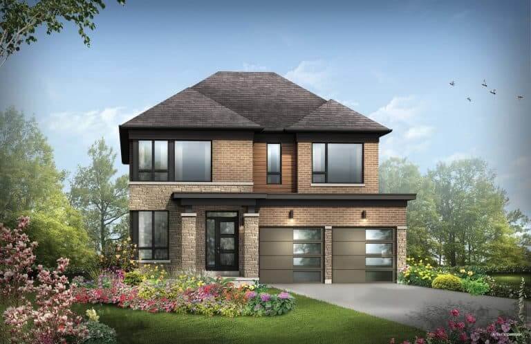 A modern two-story house with mixed brick and siding exterior, large windows, and a two-car garage. Surrounded by a lush garden with various flowers and shrubs, it evokes the appeal of new homes in GTA, nestled against a backdrop of trees and a clear blue sky.