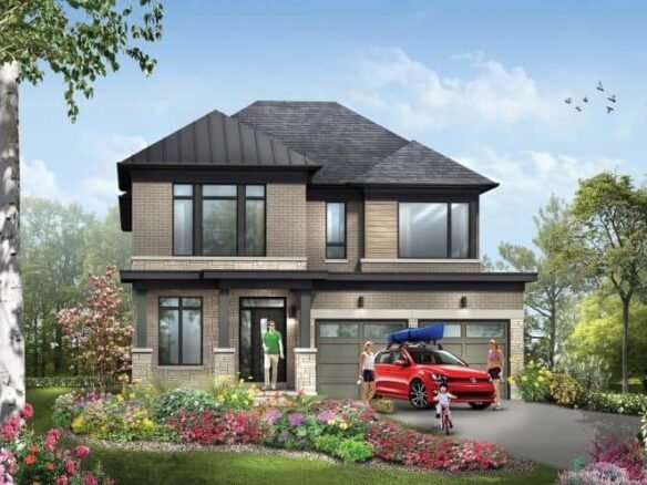 Modern two-story house with large windows, surrounded by lush greenery and colorful flowers, exemplifying the charm of new homes in GTA. A red car with a blue kayak is parked in the driveway. A family of three stands in front, under a blue sky with birds flying above.