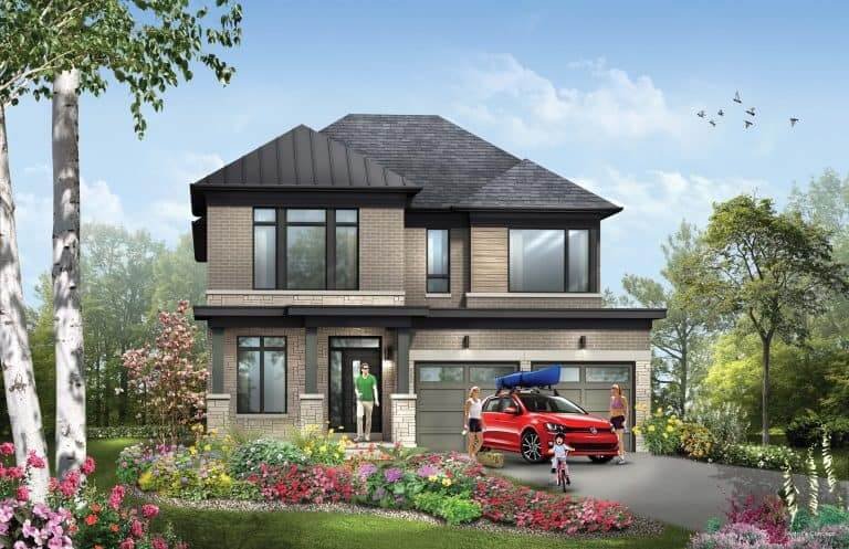 Modern two-story house with large windows, surrounded by lush greenery and colorful flowers, exemplifying the charm of new homes in GTA. A red car with a blue kayak is parked in the driveway. A family of three stands in front, under a blue sky with birds flying above.