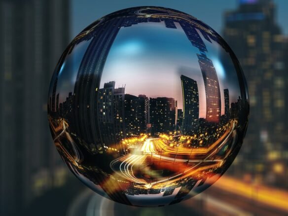 A reflective sphere displays a dynamic cityscape at dusk, capturing skyscrapers and blurred lights of traffic. This swirling effect hovers above an emerging skyline of pre-construction homes in the softly focused urban background, highlighting new homes in the GTA.