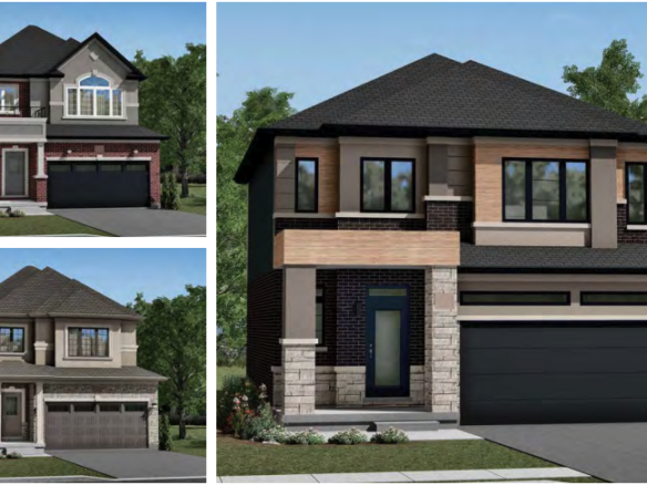 Three illustrations of modern two-story houses showcase diverse designs and capture the essence of new homes in GTA. Each features a two-car garage, various blends of brick and siding, large windows, and landscaped front lawns with trees in the background.