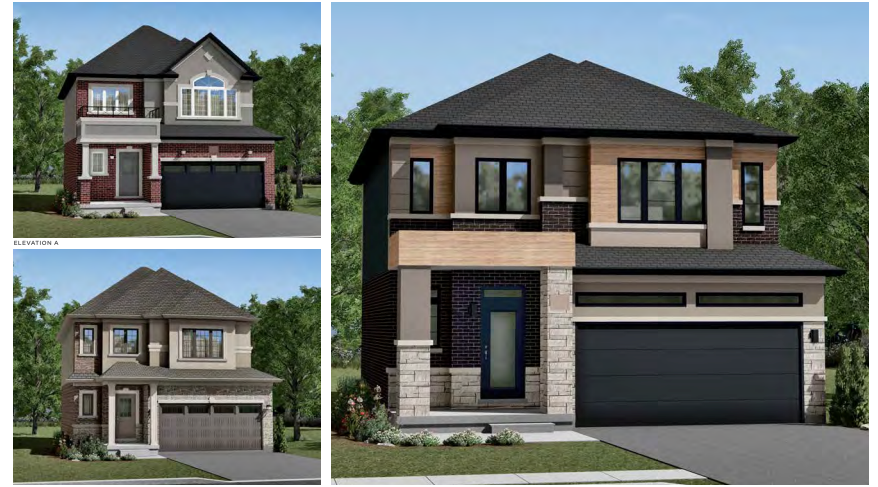 Three illustrations of modern two-story houses showcase diverse designs and capture the essence of new homes in GTA. Each features a two-car garage, various blends of brick and siding, large windows, and landscaped front lawns with trees in the background. Three illustrations of modern two-story houses showcase diverse designs and capture the essence of new homes in GTA. Each features a two-car garage, various blends of brick and siding, large windows, and landscaped front lawns with trees in the background.