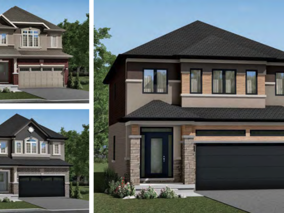 Collage of three modern two-story houses with distinct architectural designs, showcasing pre-construction homes in the GTA. Each features a garage, large windows, and a stylish mix of brick and siding. The setting is complete with landscaped front yards and lush trees.