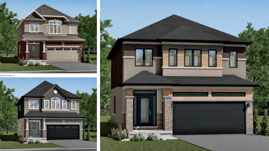 Collage of three modern two-story houses with distinct architectural designs, showcasing pre-construction homes in the GTA. Each features a garage, large windows, and a stylish mix of brick and siding. The setting is complete with landscaped front yards and lush trees. Collage of three modern two-story houses with distinct architectural designs, showcasing pre-construction homes in the GTA. Each features a garage, large windows, and a stylish mix of brick and siding. The setting is complete with landscaped front yards and lush trees.