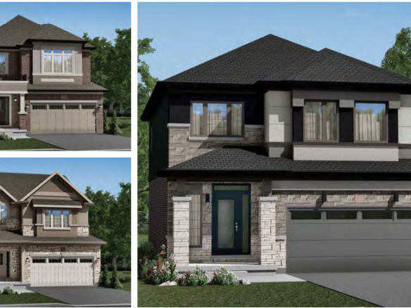 Three modern two-story houses with garages grace a suburban setting, reminiscent of new homes with unique architectural features like varied roof styles and brickwork. Surrounded by greenery and set under a clear blue sky, they embody the elegance of pre-construction homes.