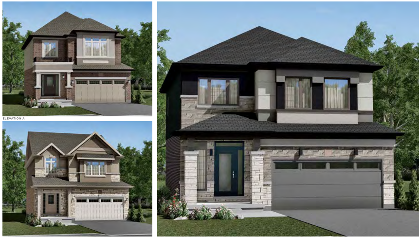 Three modern two-story houses with garages grace a suburban setting, reminiscent of new homes with unique architectural features like varied roof styles and brickwork. Surrounded by greenery and set under a clear blue sky, they embody the elegance of pre-construction homes. Three modern two-story houses with garages grace a suburban setting, reminiscent of new homes with unique architectural features like varied roof styles and brickwork. Surrounded by greenery and set under a clear blue sky, they embody the elegance of pre-construction homes.