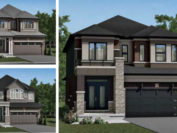 Three modern suburban houses, similar to new homes in GTA, are displayed with different architectural designs. Each house has two stories, large windows, and a garage, surrounded by greenery. The sky is clear and blue, offering a serene setting for these contemporary abodes.