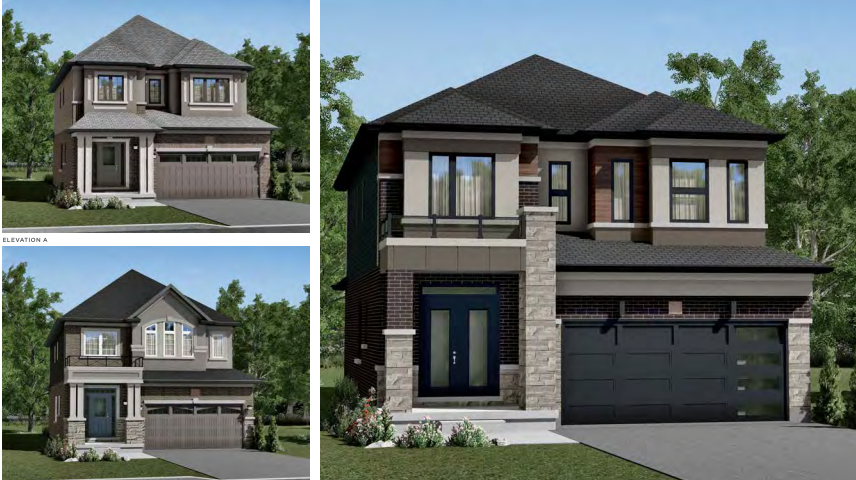 Three modern suburban houses, similar to new homes in GTA, are displayed with different architectural designs. Each house has two stories, large windows, and a garage, surrounded by greenery. The sky is clear and blue, offering a serene setting for these contemporary abodes. Three modern suburban houses, similar to new homes in GTA, are displayed with different architectural designs. Each house has two stories, large windows, and a garage, surrounded by greenery. The sky is clear and blue, offering a serene setting for these contemporary abodes.