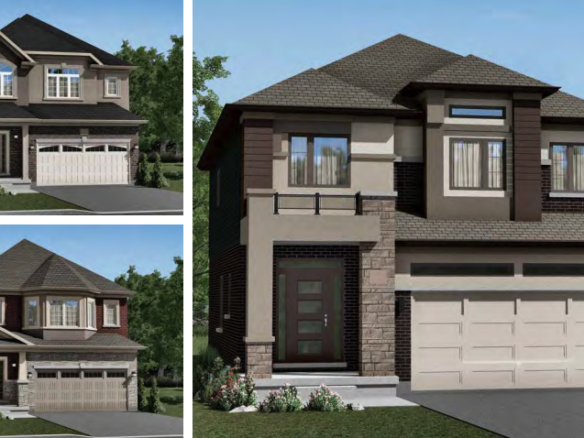 Three modern two-story houses, akin to new condos in the GTA, feature varied designs with gabled roofs, large windows, and attached double garages. Surrounded by lush greenery under a clear blue sky, these homes epitomize contemporary living.