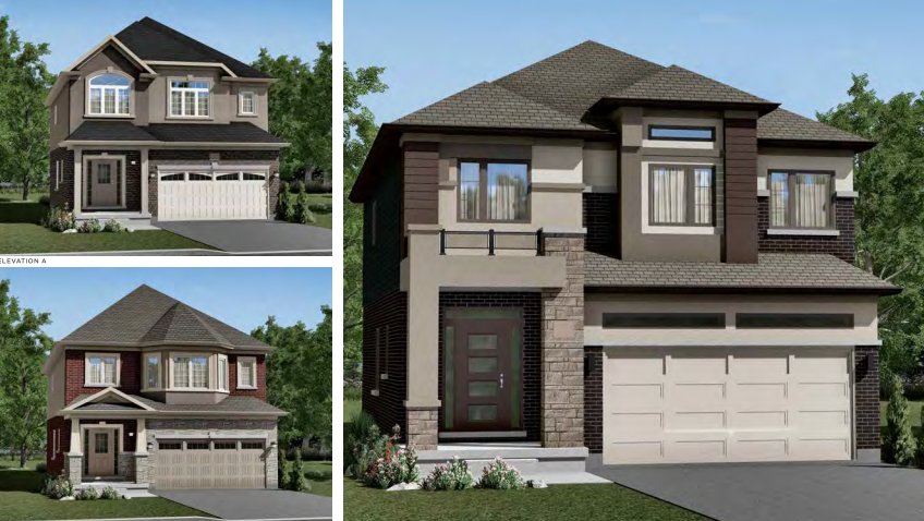 Three modern two-story houses, akin to new condos in the GTA, feature varied designs with gabled roofs, large windows, and attached double garages. Surrounded by lush greenery under a clear blue sky, these homes epitomize contemporary living. Three modern two-story houses, akin to new condos in the GTA, feature varied designs with gabled roofs, large windows, and attached double garages. Surrounded by lush greenery under a clear blue sky, these homes epitomize contemporary living.