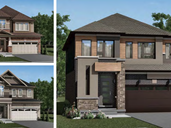 Collage of three modern two-story new homes with distinct designs. Each house features a blend of brick and siding exteriors, large windows, and attached garages. The setting includes lush greenery and clear skies, perfect for those seeking new homes in the GTA.