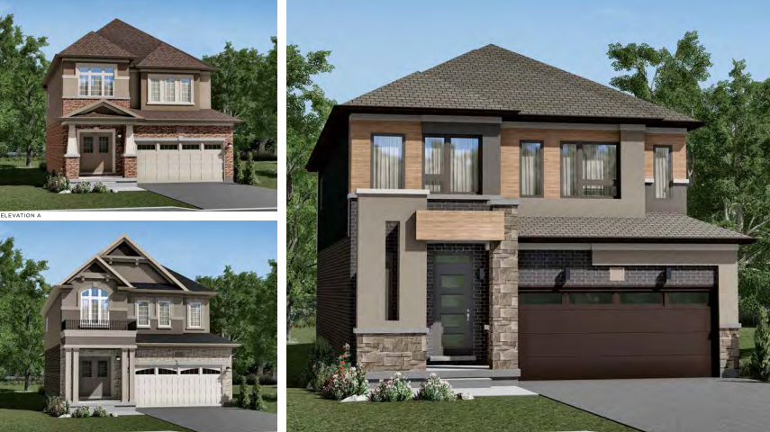 Collage of three modern two-story new homes with distinct designs. Each house features a blend of brick and siding exteriors, large windows, and attached garages. The setting includes lush greenery and clear skies, perfect for those seeking new homes in the GTA. Collage of three modern two-story new homes with distinct designs. Each house features a blend of brick and siding exteriors, large windows, and attached garages. The setting includes lush greenery and clear skies, perfect for those seeking new homes in the GTA.