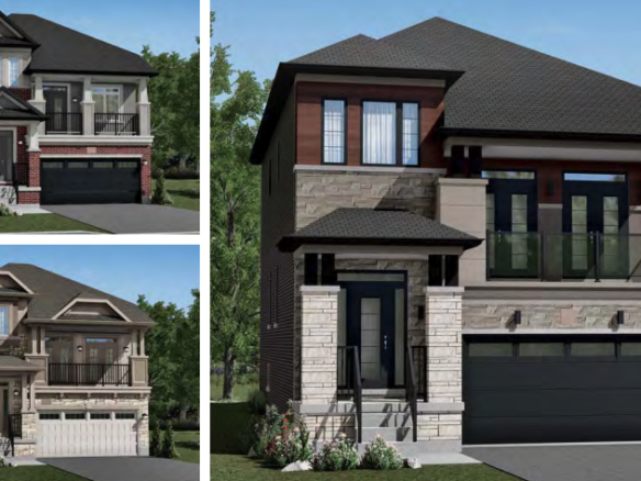 A collage of three modern two-story new homes, each boasting large windows, different brick and stone facades, and attached garages. The settings are lush with greenery in the background.
