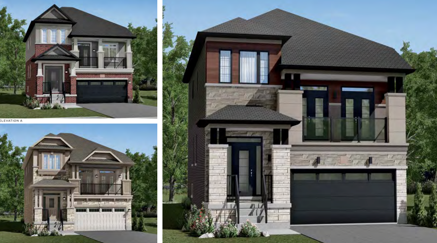 A collage of three modern two-story new homes, each boasting large windows, different brick and stone facades, and attached garages. The settings are lush with greenery in the background. A collage of three modern two-story new homes, each boasting large windows, different brick and stone facades, and attached garages. The settings are lush with greenery in the background.
