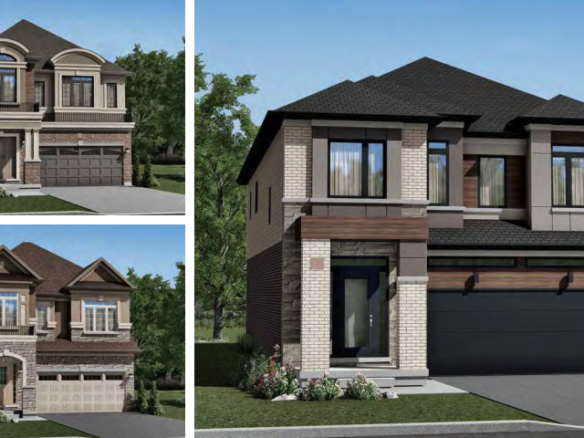 Three modern suburban homes, each two stories with garages, reflect the allure of new homes in GTA. They feature brick and wood siding, large windows, and dark roofs. Surrounded by trees and landscaped gardens, these residences offer a perfect blend of nature and contemporary design.