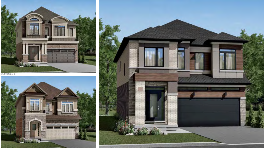Three modern suburban homes, each two stories with garages, reflect the allure of new homes in GTA. They feature brick and wood siding, large windows, and dark roofs. Surrounded by trees and landscaped gardens, these residences offer a perfect blend of nature and contemporary design. Three modern suburban homes, each two stories with garages, reflect the allure of new homes in GTA. They feature brick and wood siding, large windows, and dark roofs. Surrounded by trees and landscaped gardens, these residences offer a perfect blend of nature and contemporary design.