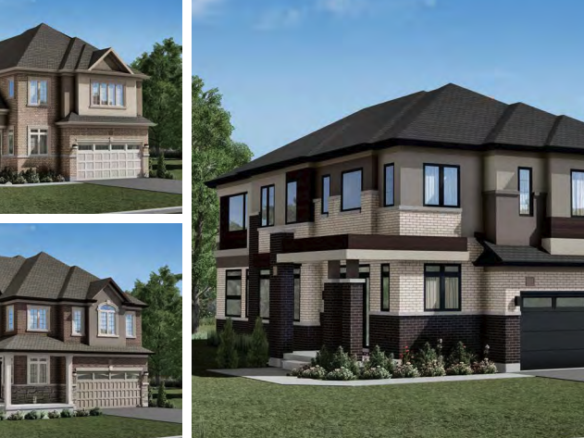Three renderings of a modern pre-construction two-story brick and siding house with a double garage, large windows, and landscaped yard. The home features beige and dark brown tones, detailed architecture, and lush greenery surrounding the property—a stunning addition to new homes in GTA.