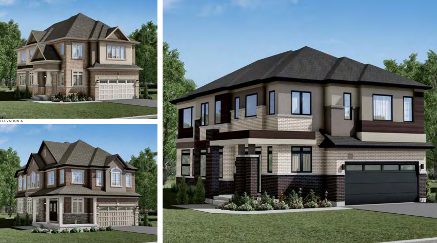 Three renderings of a modern pre-construction two-story brick and siding house with a double garage, large windows, and landscaped yard. The home features beige and dark brown tones, detailed architecture, and lush greenery surrounding the property—a stunning addition to new homes in GTA. Three renderings of a modern pre-construction two-story brick and siding house with a double garage, large windows, and landscaped yard. The home features beige and dark brown tones, detailed architecture, and lush greenery surrounding the property—a stunning addition to new homes in GTA.