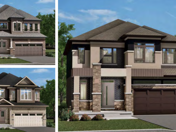 A collage of pre-construction homes showcases modern two-story designs with a blend of brick and siding exteriors, large windows, and attached garages. The landscaping includes small bushes and trees under a clear sky, with lush greenery surrounding these promising new homes.