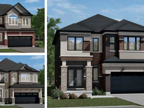 A collage of three modern two-story houses with dark roofs, large windows, and attached garages showcases pre-construction homes surrounded by greenery under a clear blue sky. Each new home boasts its own unique design and color scheme.