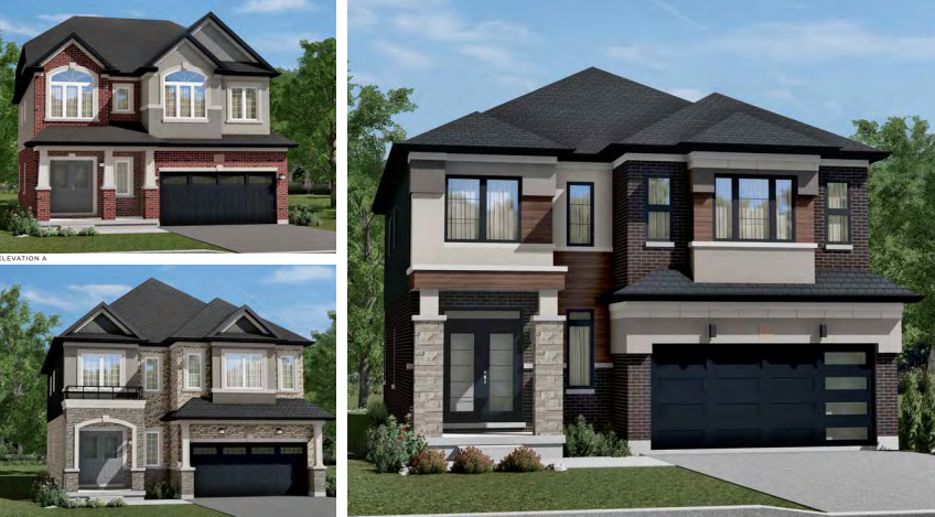 A collage of three modern two-story houses with dark roofs, large windows, and attached garages showcases pre-construction homes surrounded by greenery under a clear blue sky. Each new home boasts its own unique design and color scheme. A collage of three modern two-story houses with dark roofs, large windows, and attached garages showcases pre-construction homes surrounded by greenery under a clear blue sky. Each new home boasts its own unique design and color scheme.