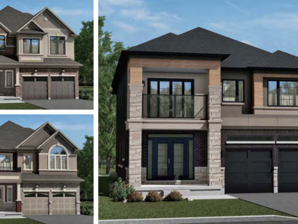 The image features three different two-story modern homes, showcasing pre-construction designs with a combination of brick and siding exteriors, large windows, and double garages. Each new home boasts distinct architectural details and landscaping, typical of new homes in the GTA.
