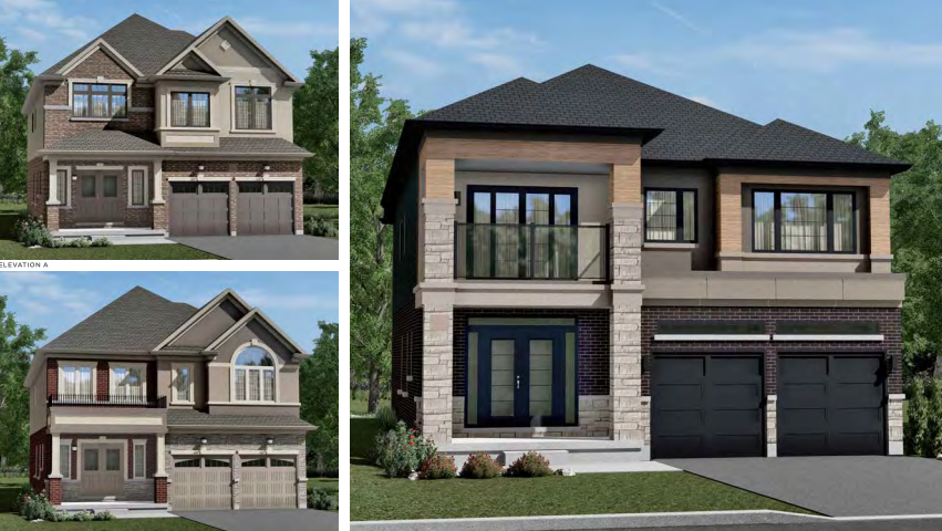 The image features three different two-story modern homes, showcasing pre-construction designs with a combination of brick and siding exteriors, large windows, and double garages. Each new home boasts distinct architectural details and landscaping, typical of new homes in the GTA. The image features three different two-story modern homes, showcasing pre-construction designs with a combination of brick and siding exteriors, large windows, and double garages. Each new home boasts distinct architectural details and landscaping, typical of new homes in the GTA.