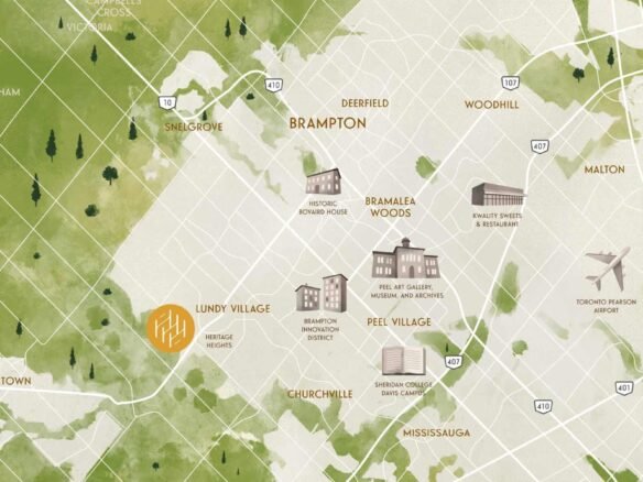 A watercolor-style map highlighting Brampton and nearby areas showcases landmarks such as Bramalea Woods, Peel Art Gallery, and Toronto Pearson Airport. Discover roads and town names like Georgetown, Cheltenham, and Malton along with sites of new condos in the GTA.