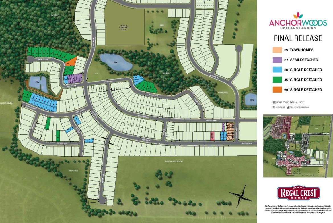 A detailed map of the Anchor Woods housing development's final release layout. Sections are color-coded by housing type: townhomes, semi-detached, and single detached homes with lot dimensions. The Regal Crest Homes logo and a small location map are also included.