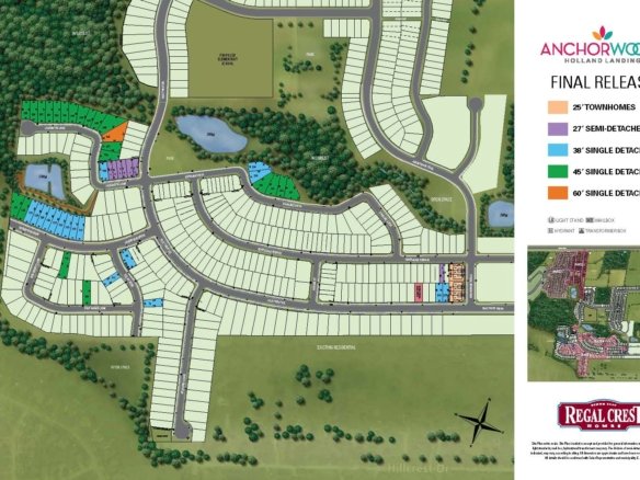 A detailed map of the Anchor Woods housing development's final release layout. Sections are color-coded by housing type: townhomes, semi-detached, and single detached homes with lot dimensions. The Regal Crest Homes logo and a small location map are also included.